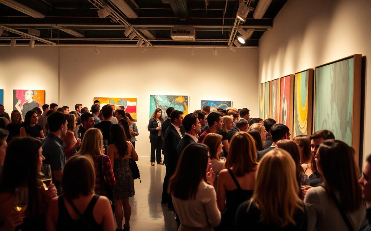 Vernissage bondé dans une galerie d'art contemporain