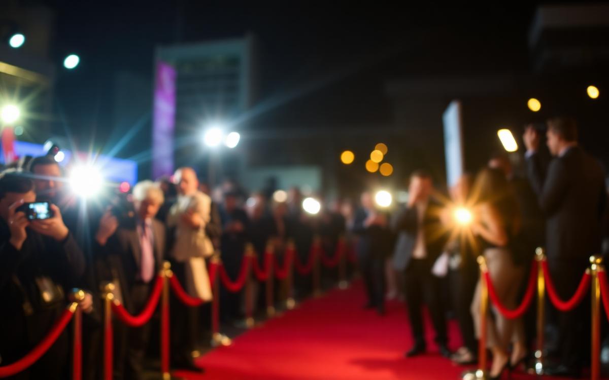 Tapis rouge de festival de cinéma la nuit avec photographes