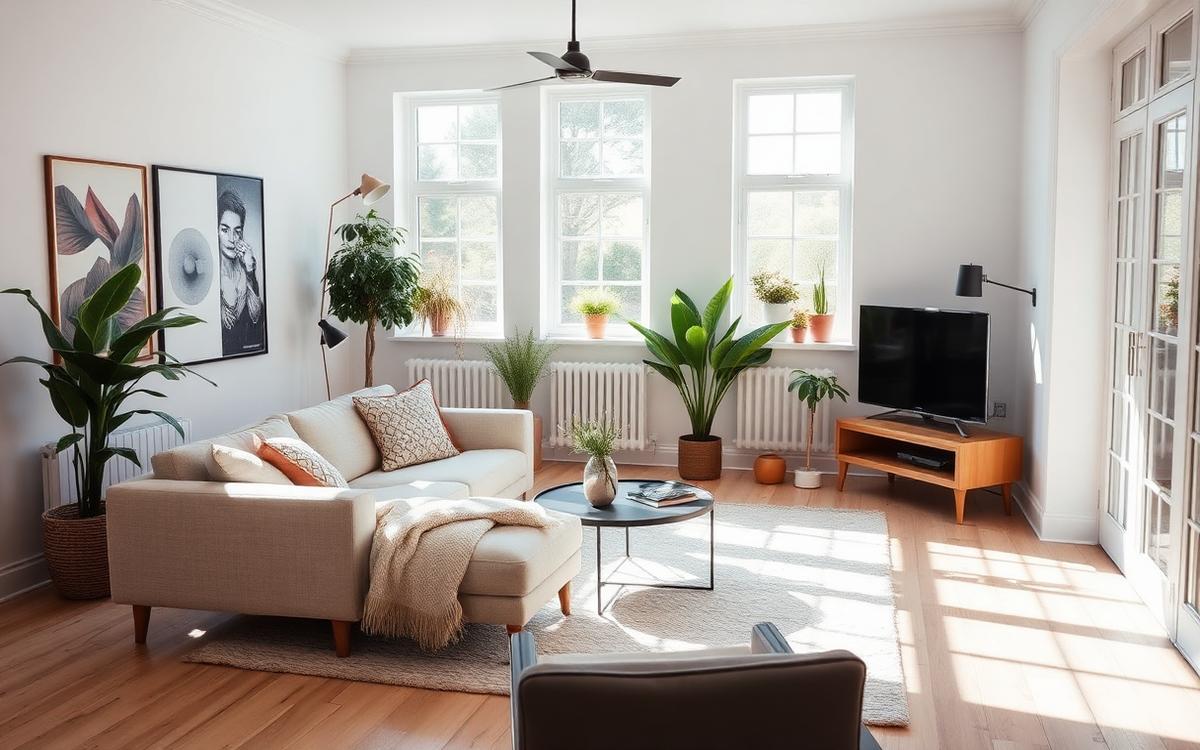 Salon lumineux de style scandinave avec plantes vertes