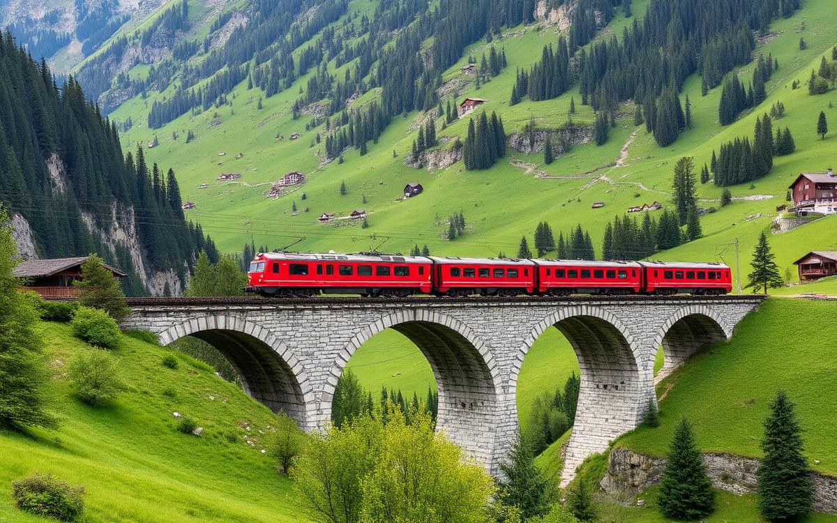 Train rouge suisse traversant un viaduc en pierre dans les Alpes