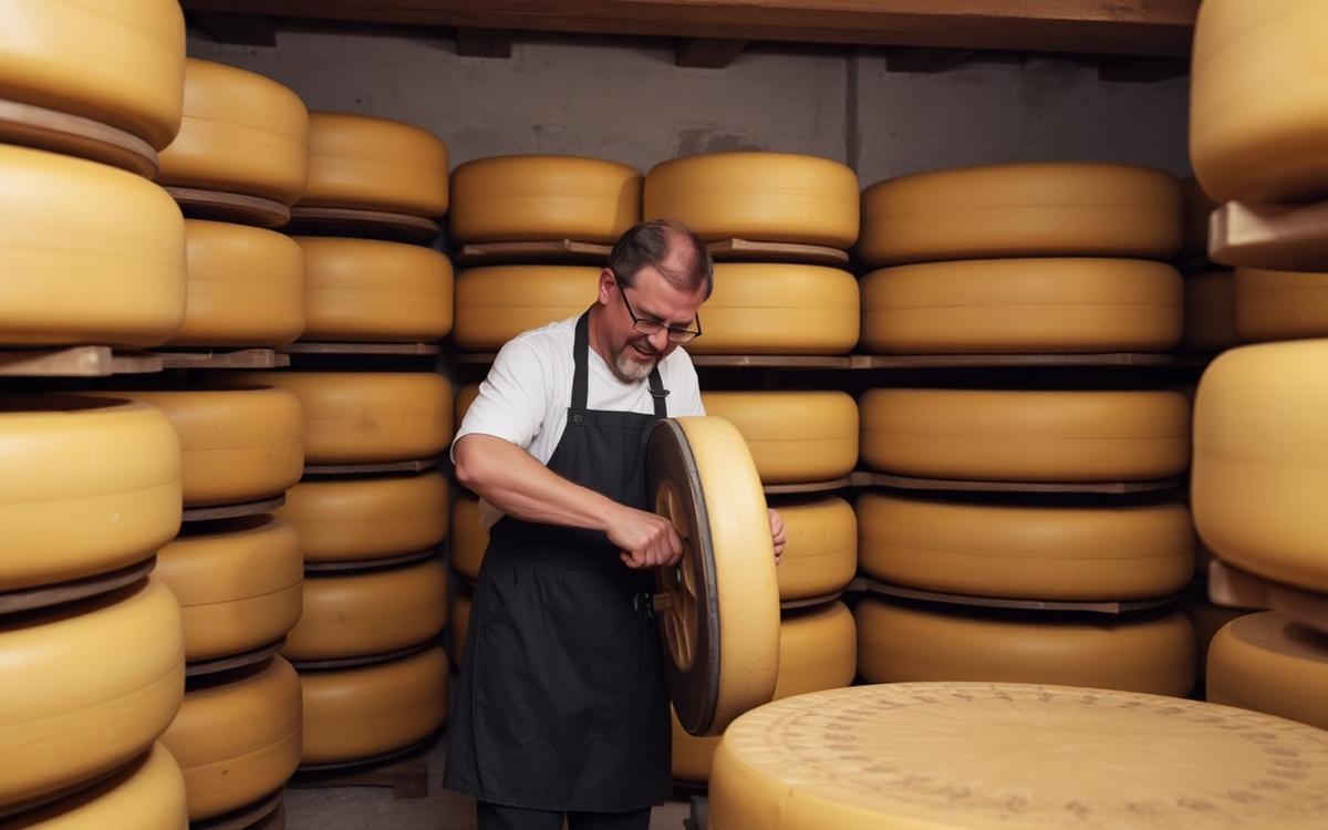 Fromager retournant une meule dans une cave d'affinage