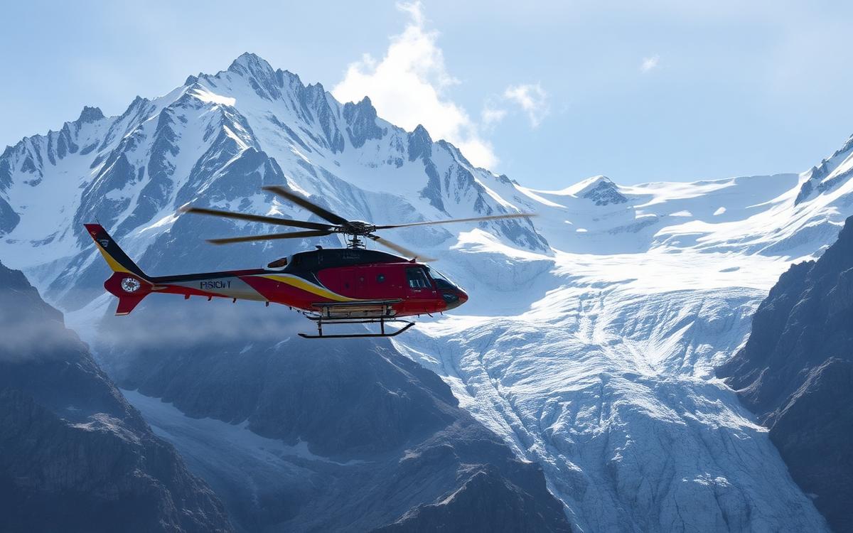 Hélicoptère de secours survolant un glacier alpin