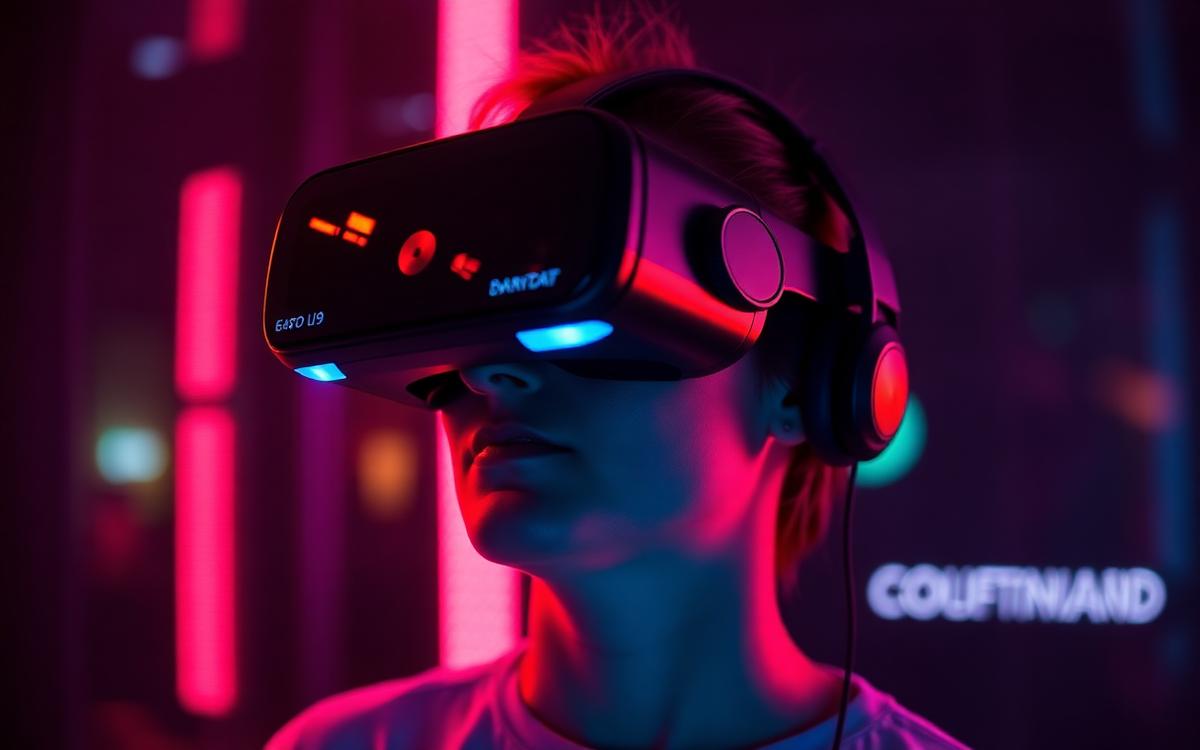 Personne portant un casque de réalité virtuelle avec lumières colorées